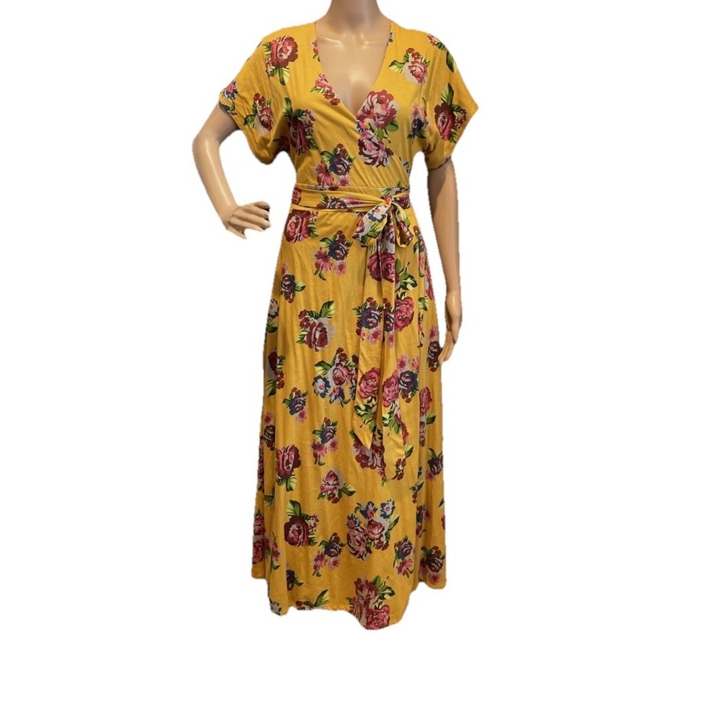 Matilda Jane Women's Sz Medium‎ Floral Alana Wrap Cotton Knit Maxi Dress Yellow